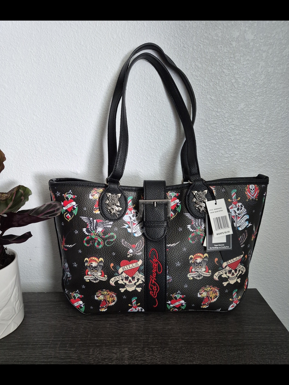 Ed Hardy Black Tattoo-Print Tote Bag